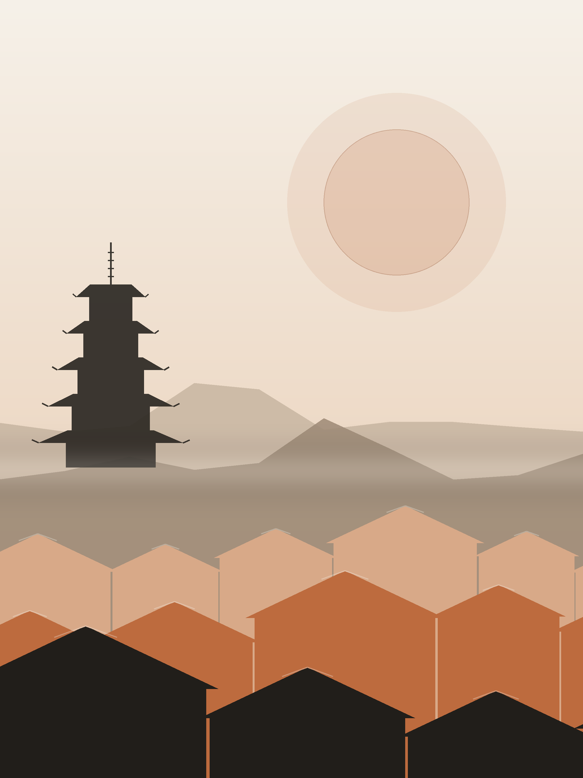 夕暮れの京都の町並みと屋根のイラスト